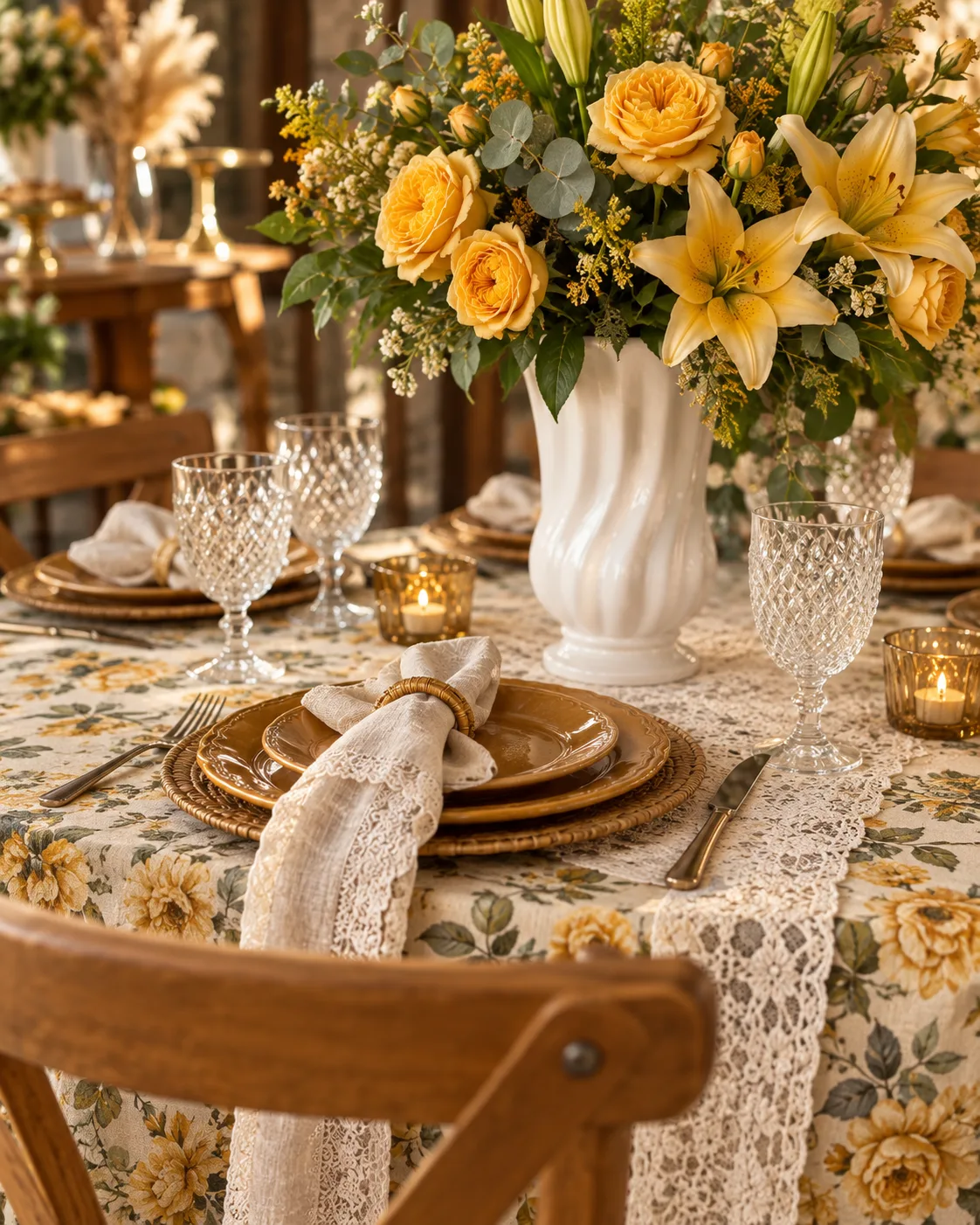Mesa com toalha floral amarela, arranjo de lírios e louça dourada
