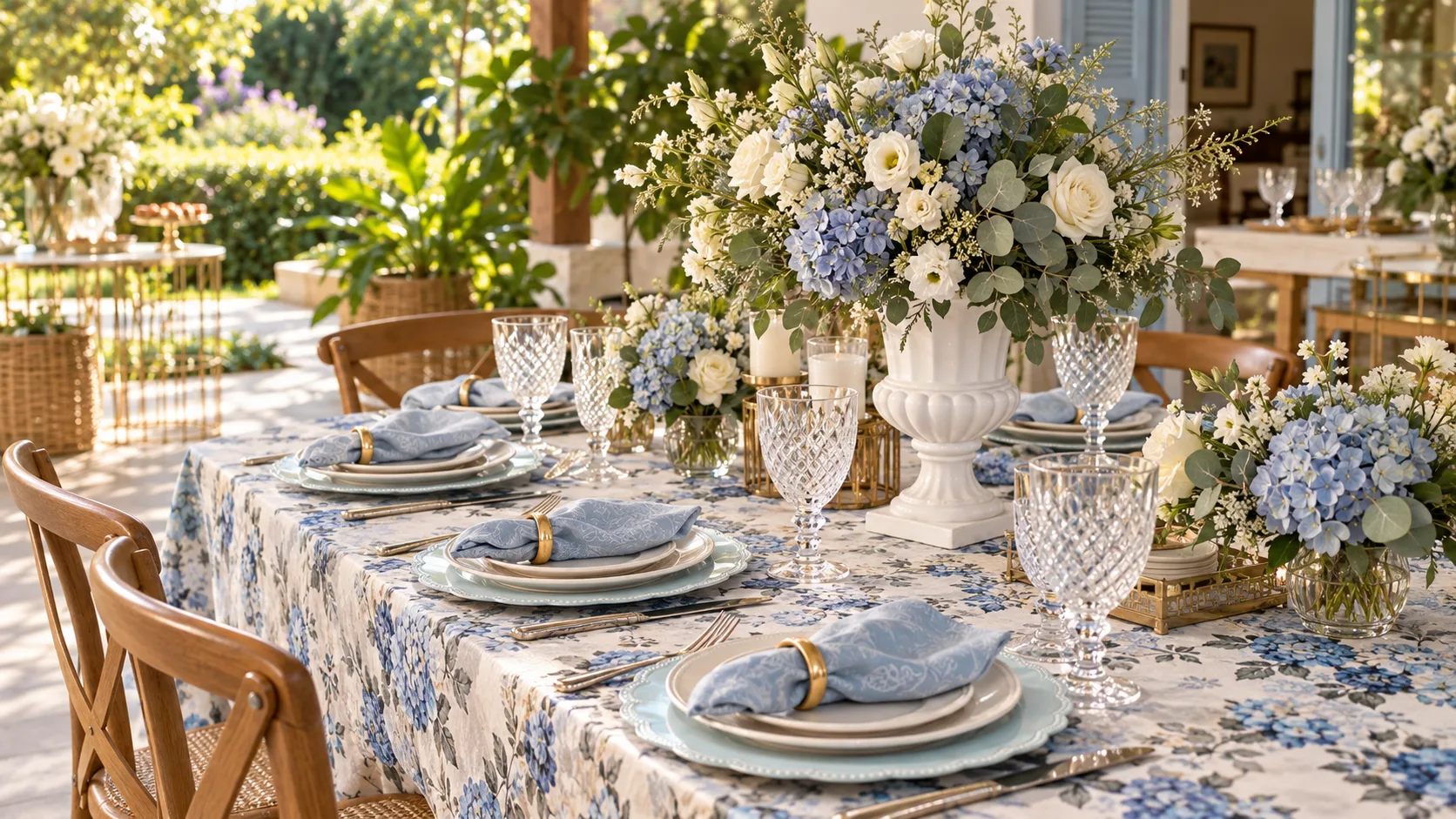 Mesa com toalha floral azul, louça clara e arranjos de hortênsias