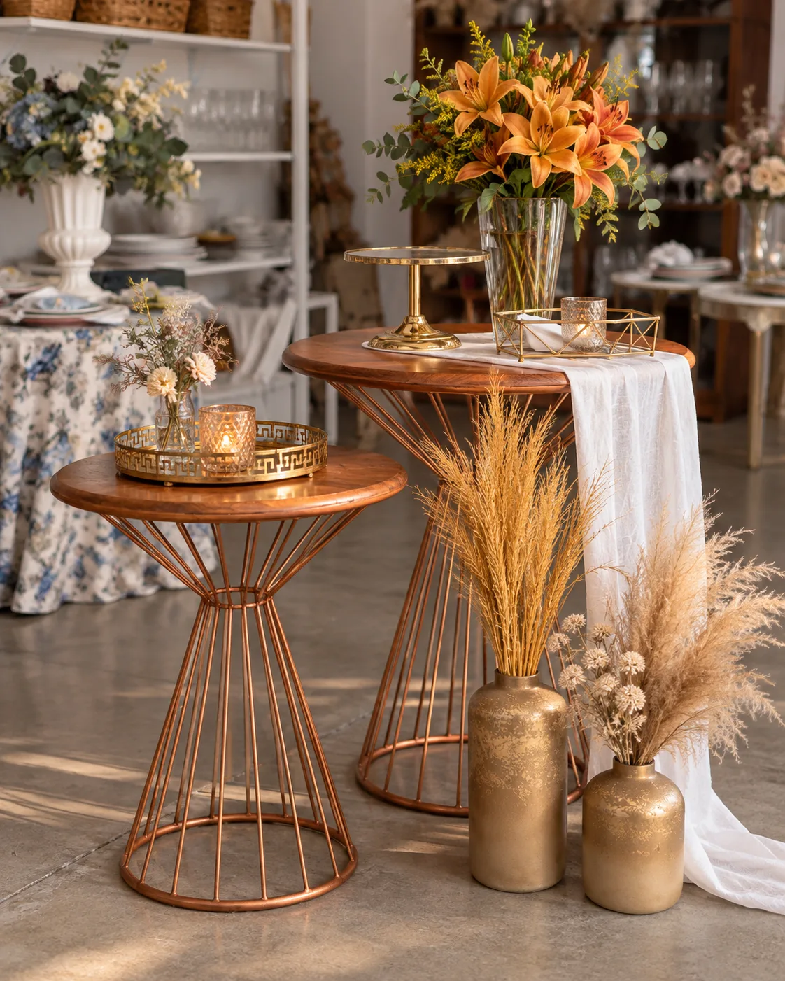 Mesas bistrô de cobre com arranjos de pampas e flores laranja, na loja da Fest Mesa