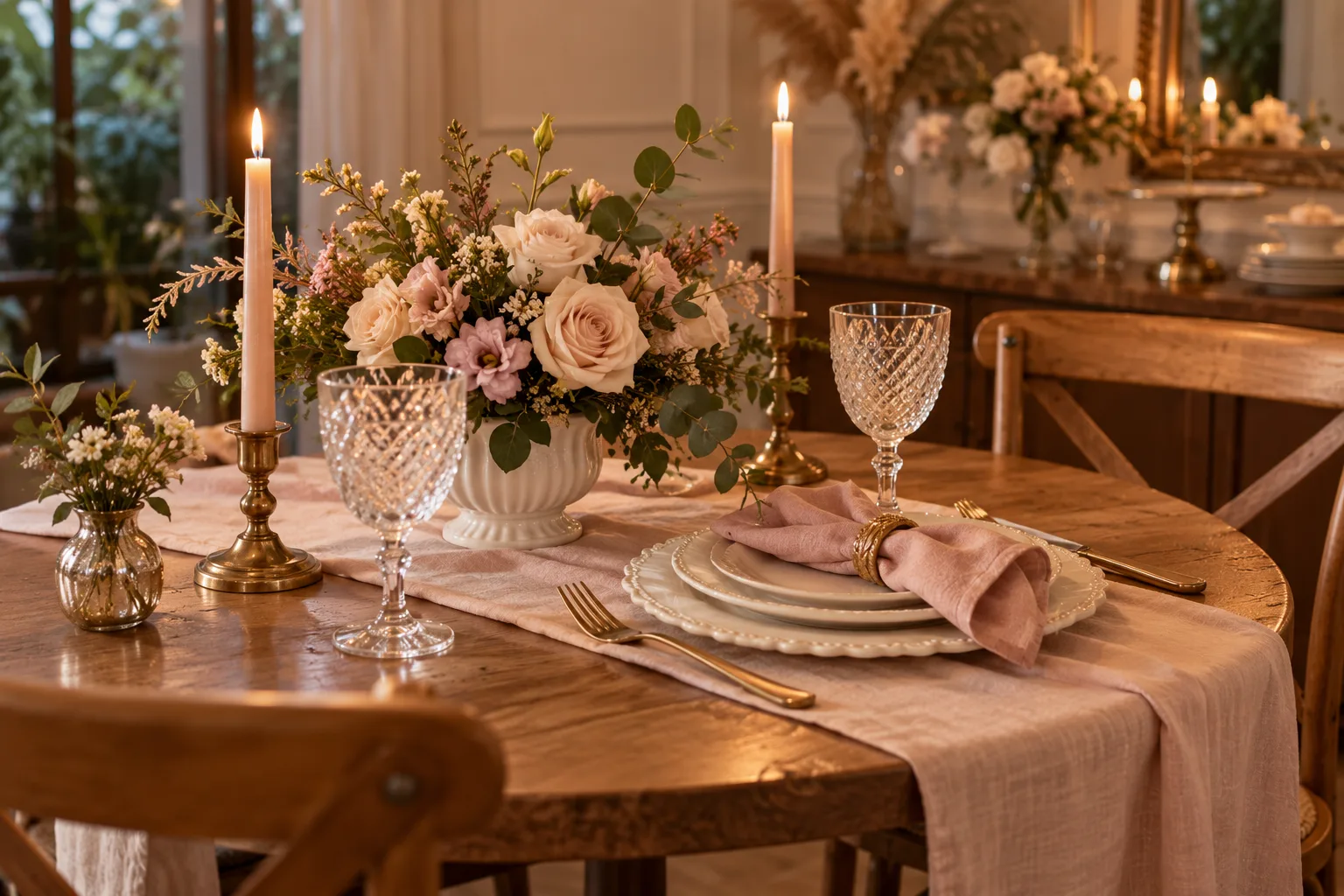 Mesa com toalha rosé, velas altas e arranjo de rosas claras